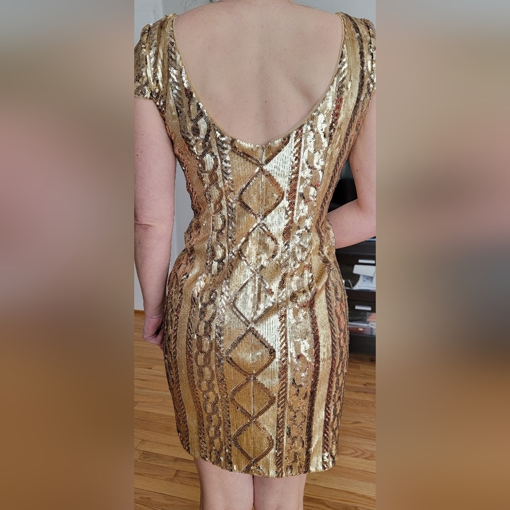 Nw Adrianna Papell Cable Knit Cap Sleeves,Gold ,Geometric Sequin Cocktail Dress - Picture 2 of 7